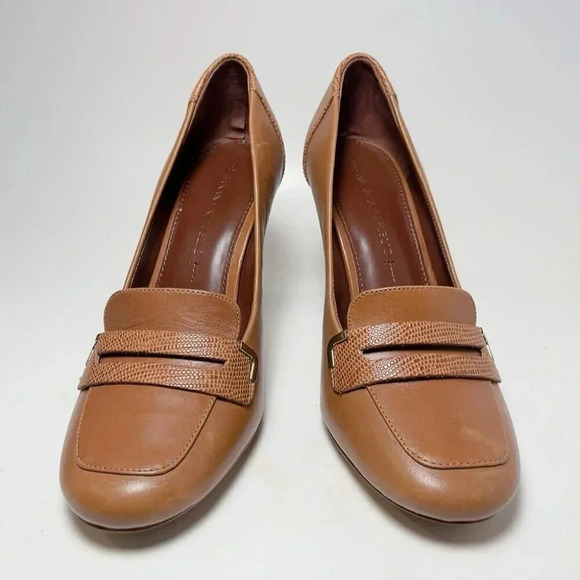 Banana Republic Womnes 7  Leather Buckle Accent Stacked Heel Slip-on Cognac - Picture 2 of 12